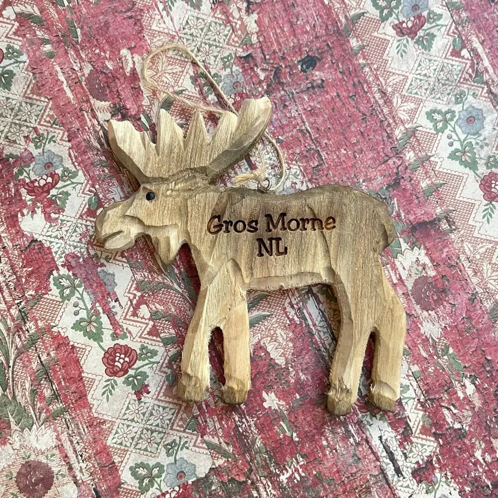 Gros Morne Newfoundland Canada Carved Wood Moose Christmas Holiday Ornament
